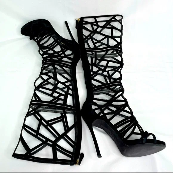 DSQUARED Black Strappy Geometric Knee-High Heeled Boots - Picture 4 of 10